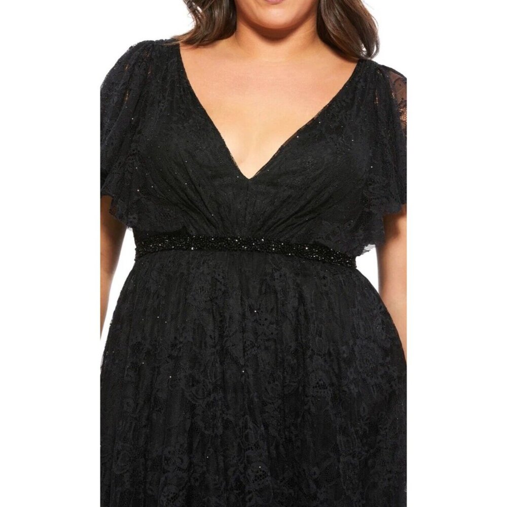 Mac Duggal Lace V-Neck Beaded Tea Length‎ Midi Cocktail Dress Black Size 14W - Picture 3 of 15